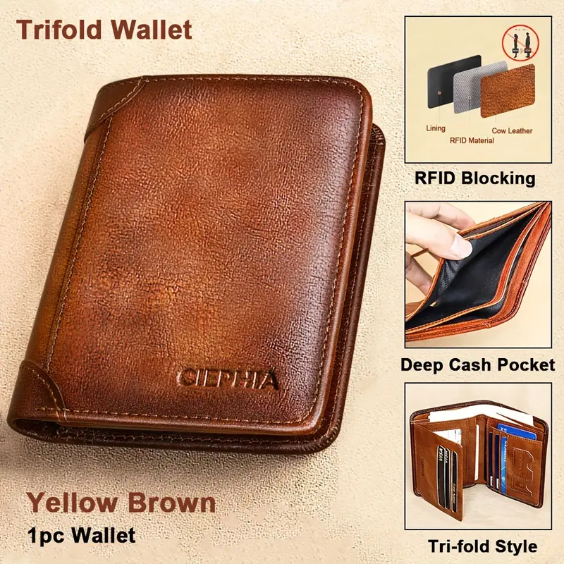 Vintage Genuine Leather RFID Blocking Wallet for Men Tri-fold Wallet