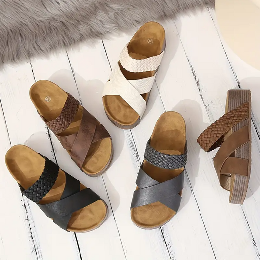 Women Orthopedic Sandals Thick Bottom Braided Cross Casual Solid Color Slippers Beach Sandals
