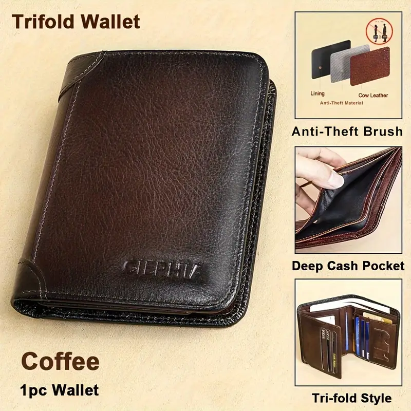 Vintage Genuine Leather RFID Blocking Wallet for Men Tri-fold Wallet