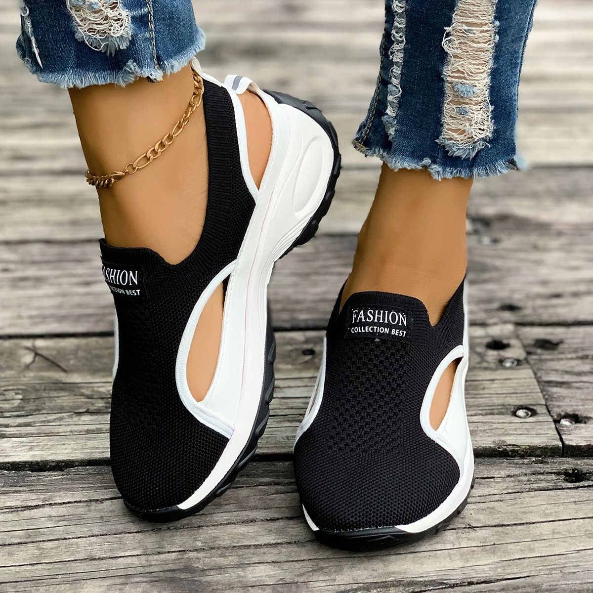 Summer Sale 50% Off❤️ Women's Lightweight Breathable Orthopedic Walking Slip-on, Black & White Camp Sneakers with Stability Support