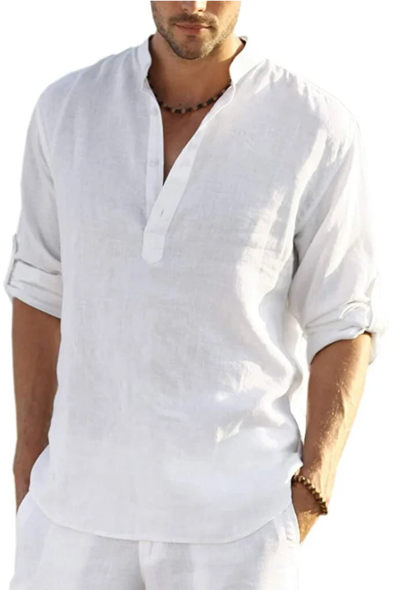 Men's Cotton and Linen Henley Shirt, Long Sleeve Hippie Casual T Shirts