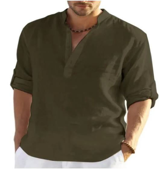 Men's Cotton and Linen Henley Shirt, Long Sleeve Hippie Casual T Shirts