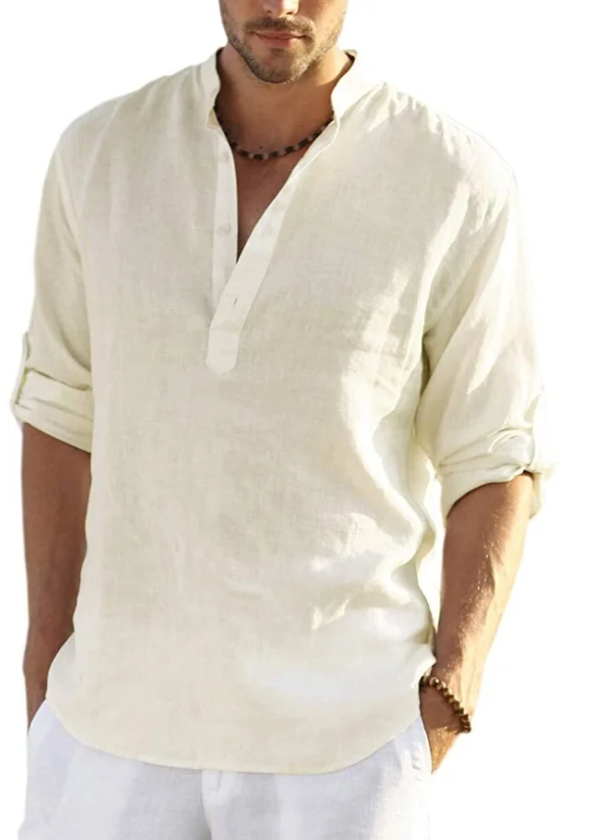 Men's Cotton and Linen Henley Shirt, Long Sleeve Hippie Casual T Shirts