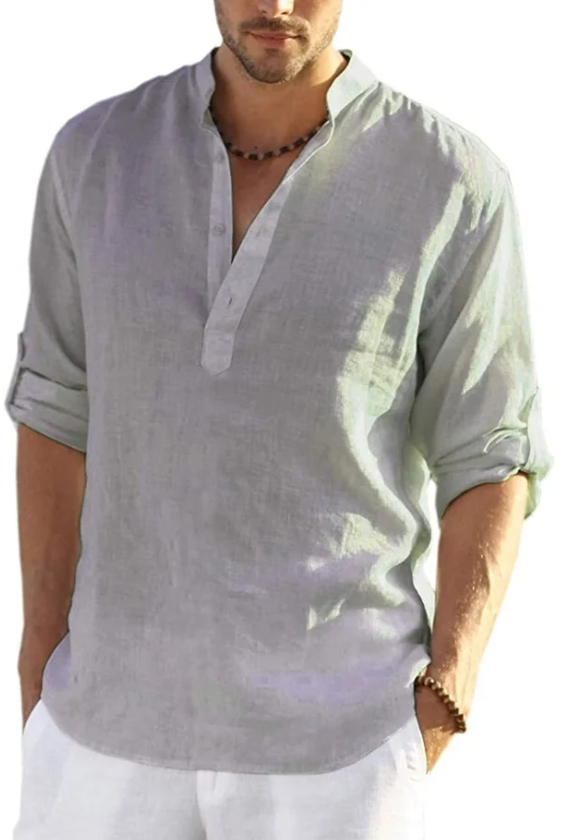 Men's Cotton and Linen Henley Shirt, Long Sleeve Hippie Casual T Shirts