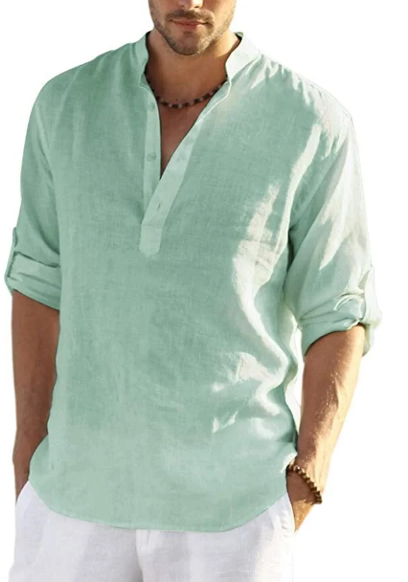 Men's Cotton and Linen Henley Shirt, Long Sleeve Hippie Casual T Shirts