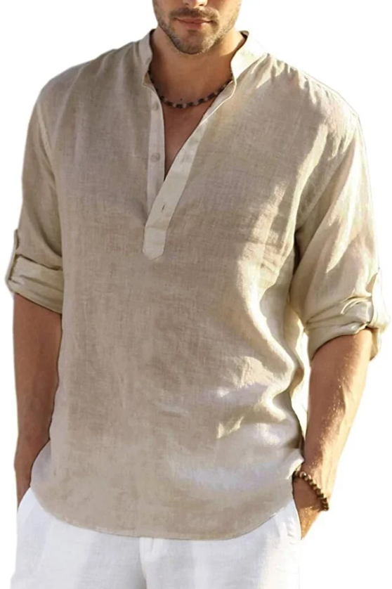 Men's Cotton and Linen Henley Shirt, Long Sleeve Hippie Casual T Shirts