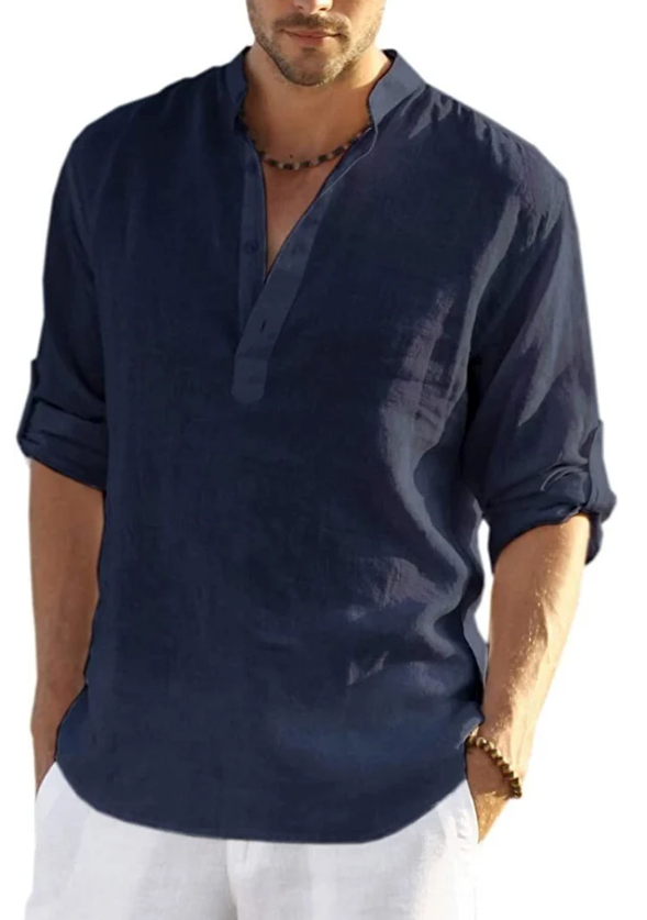 Men's Cotton and Linen Henley Shirt, Long Sleeve Hippie Casual T Shirts