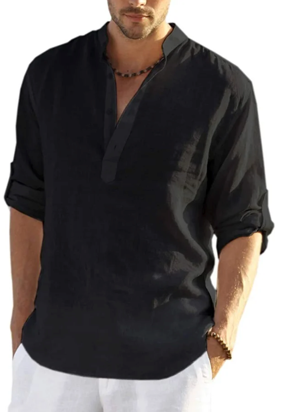 Men's Cotton and Linen Henley Shirt, Long Sleeve Hippie Casual T Shirts