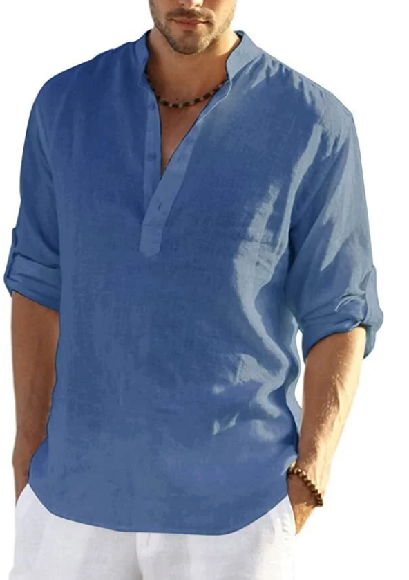 Men's Cotton and Linen Henley Shirt, Long Sleeve Hippie Casual T Shirts
