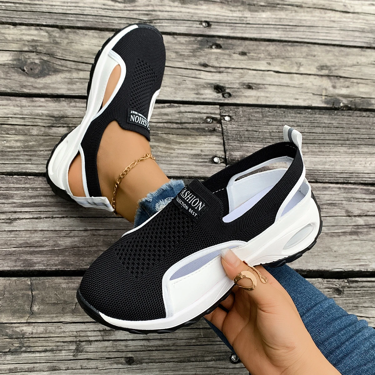 Summer Sale 50% Off❤️ Women's Lightweight Breathable Orthopedic Walking Slip-on, Black & White Camp Sneakers with Stability Support
