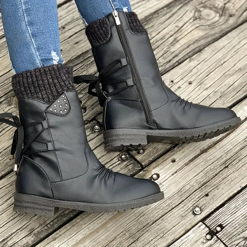 Last Day 50% OFF- Vintage Classic Elegant 's Mid-Calf Boots, Cozy Knit-Cuff Ankle Boots