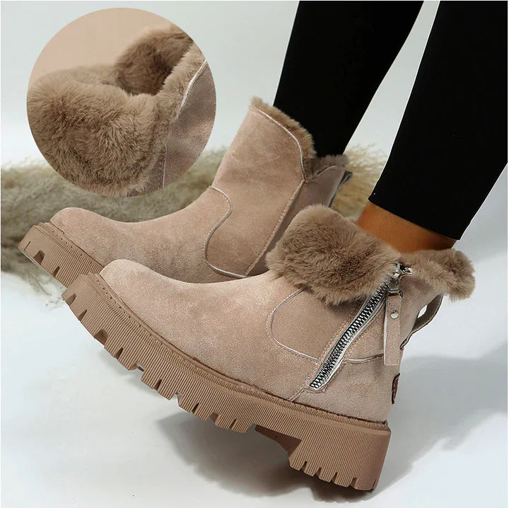 Women Winter Ankle Snow Boots Zipper Fluffy Trim Lined